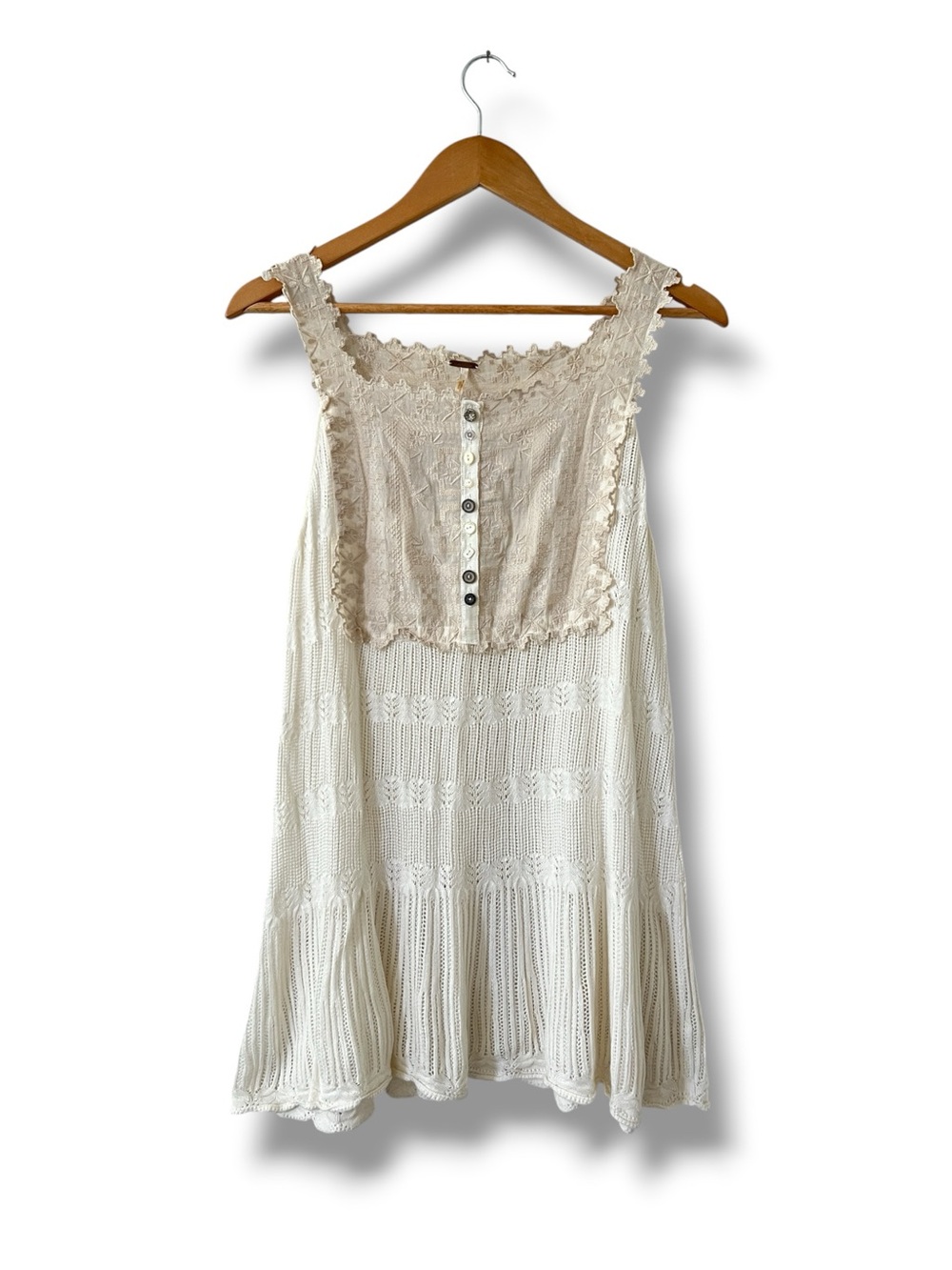 Free People Womens XS Ivory Embroidered Lace Knit Sleeveless Boho Tunic Top